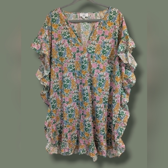 J. Crew Ditsy Floral Ruffle Trim Short Sleeve V-Neck Tunic Dress L Baby Shower - Picture 2 of 10